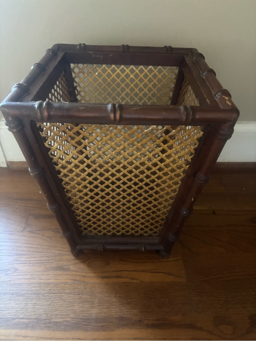 Vintage Florentia Italian Bamboo Metal Woven Waste Basket 13”x10”